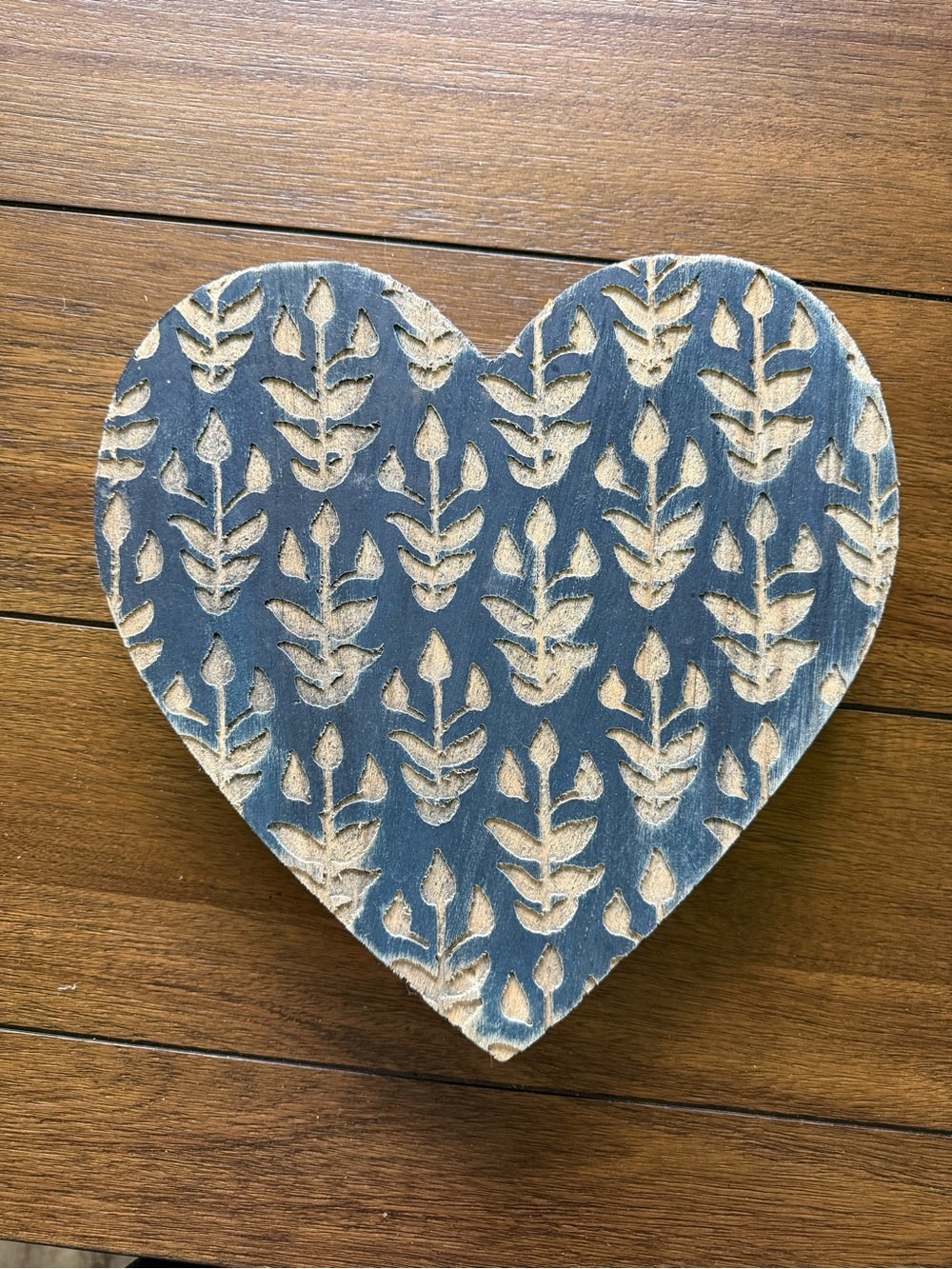 Wooden Heart Wall Art with Carved Leaf Pattern - Blue and Natural